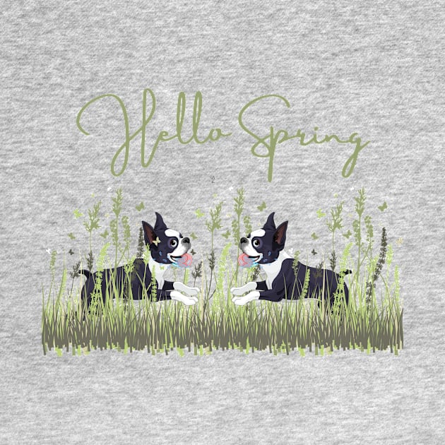 Boston Terrier Dog in Meadow with Hello Spring Sign by Seasonal Dogs